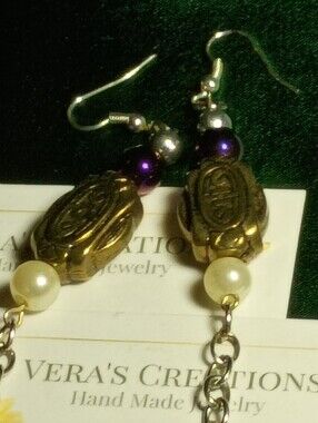 Purple and Gold Drop Pearl Earrings